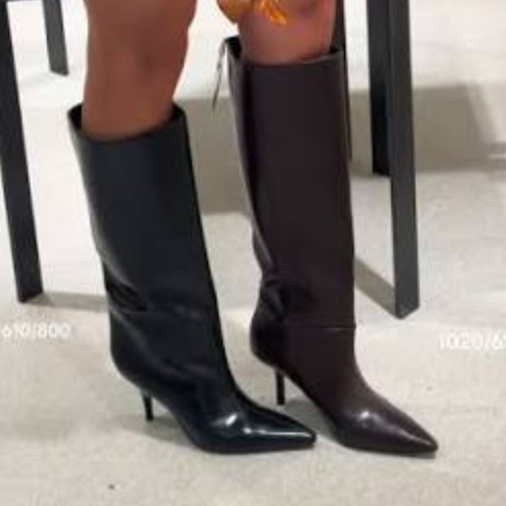 Zara Chocolate Brown Vegan Knee-High Pointed-Toe Boots with Heels. Size 6. - Picture 7 of 9